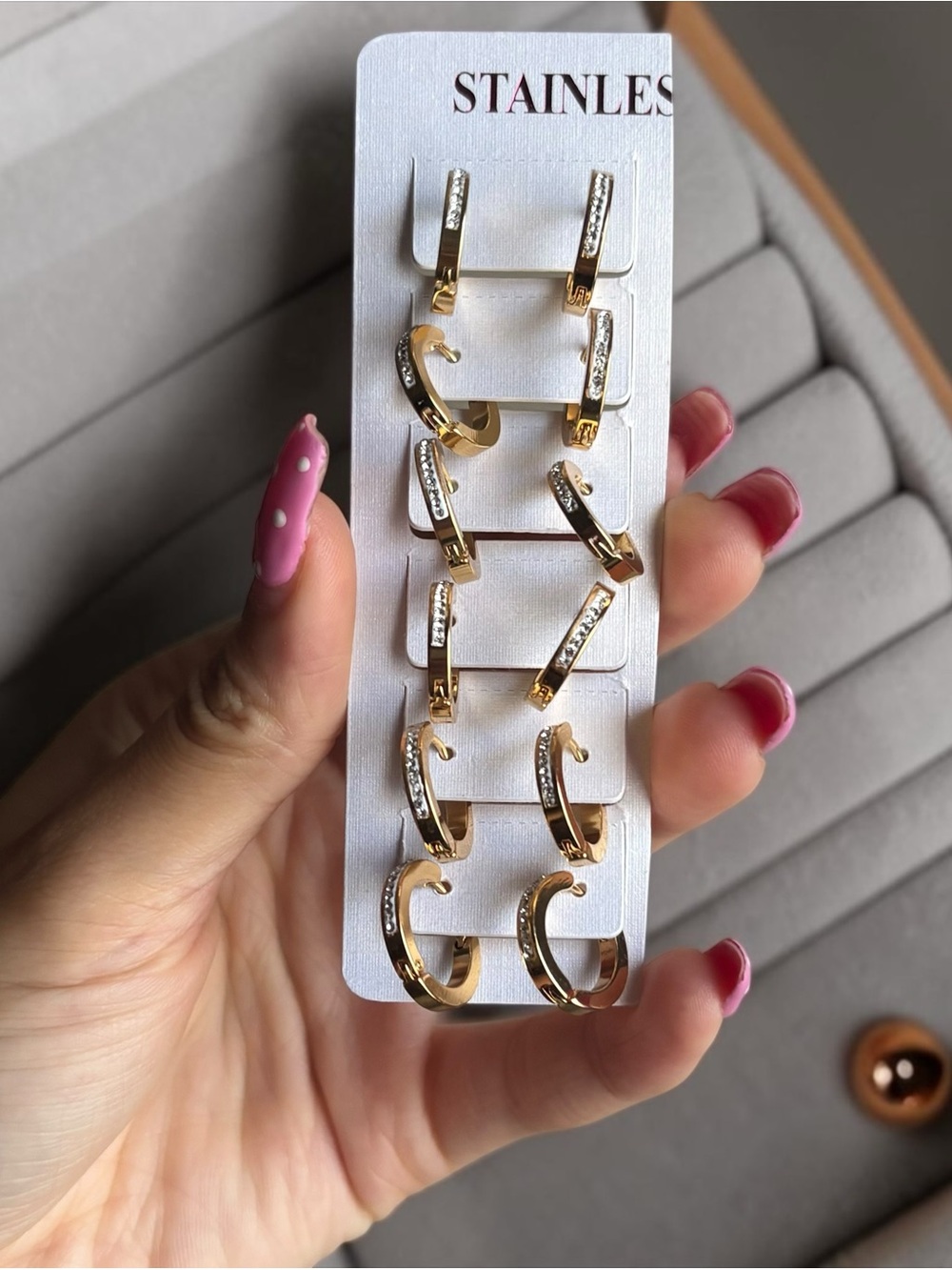 Gold Stainless Steel Crystal Hoop Earring Set - 6 Pairs